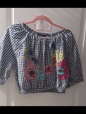 French Connection Navy Gingham Crop Top with Bright Floral Embroidery